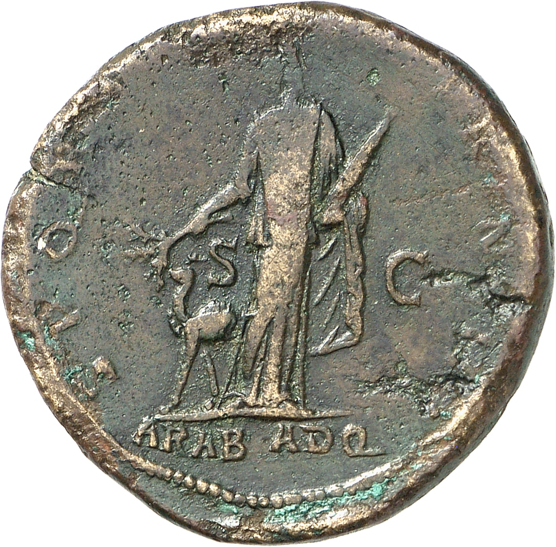 RIC II Trajan 612 Trajan reverse, Arabia, draped, standing front, head left, holding branch in right hand over camel, left...