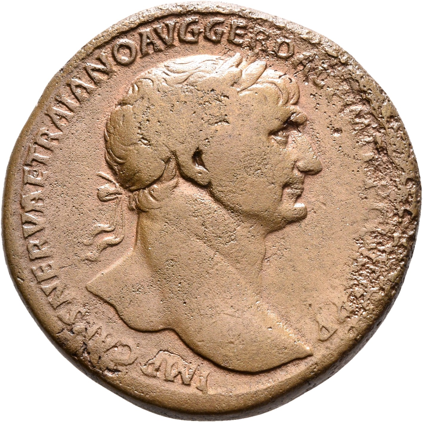 RIC II Trajan 614 (sestertius) Trajan obverse, Head of Trajan, laureate, right