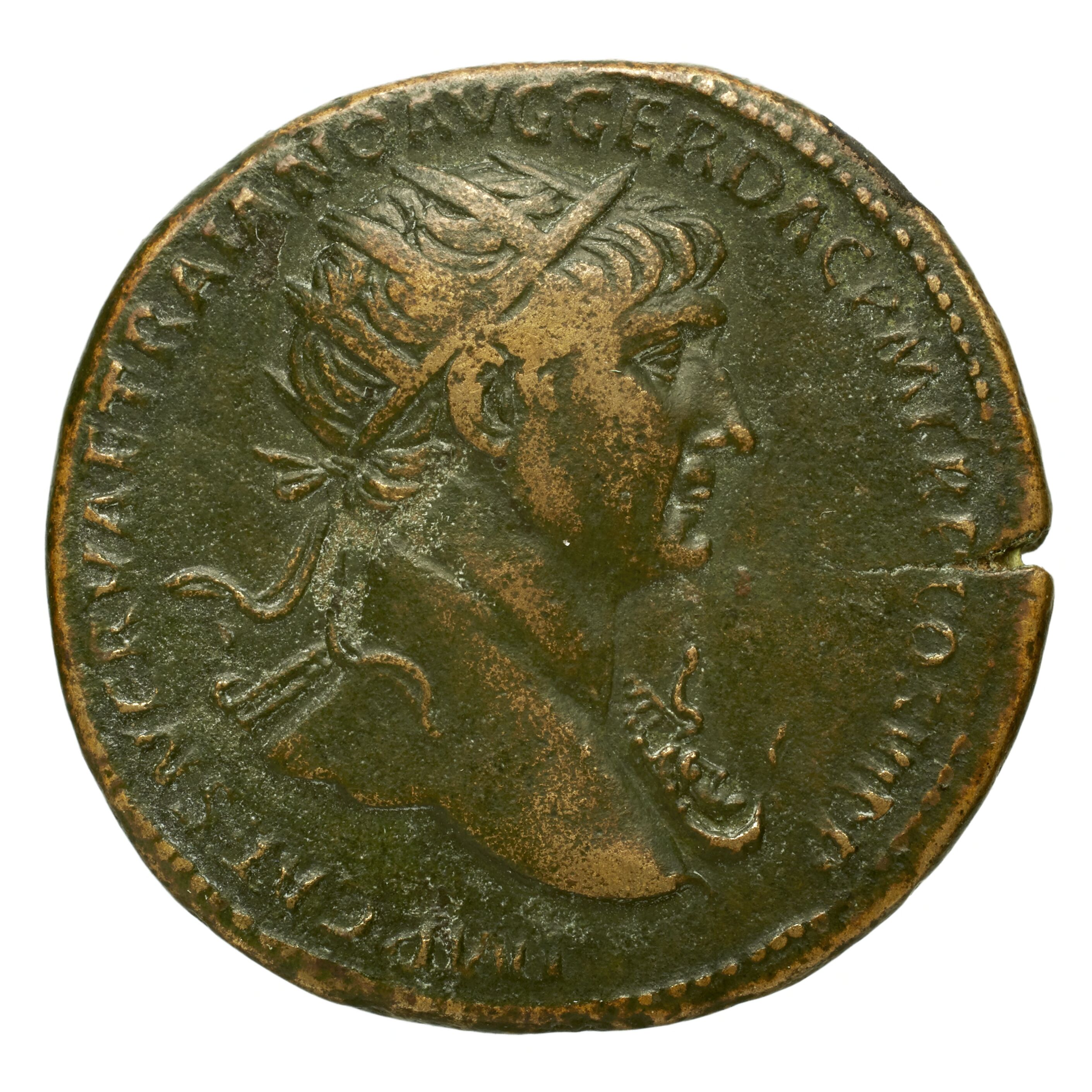RIC II Trajan 623 Trajan obverse, Bust of Trajan, radiate, right (sometimes with aegis)