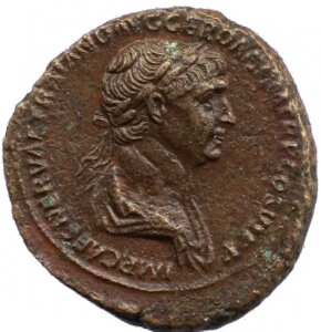 RIC II Trajan 625 (as) Trajan obverse, Bust of Trajan, laureate, draped on left shoulder, right