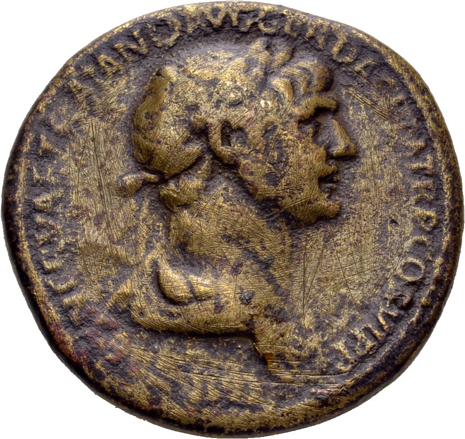 RIC II Trajan 625 (sestertius) Trajan obverse, Bust of Trajan, laureate, draped on left shoulder, right