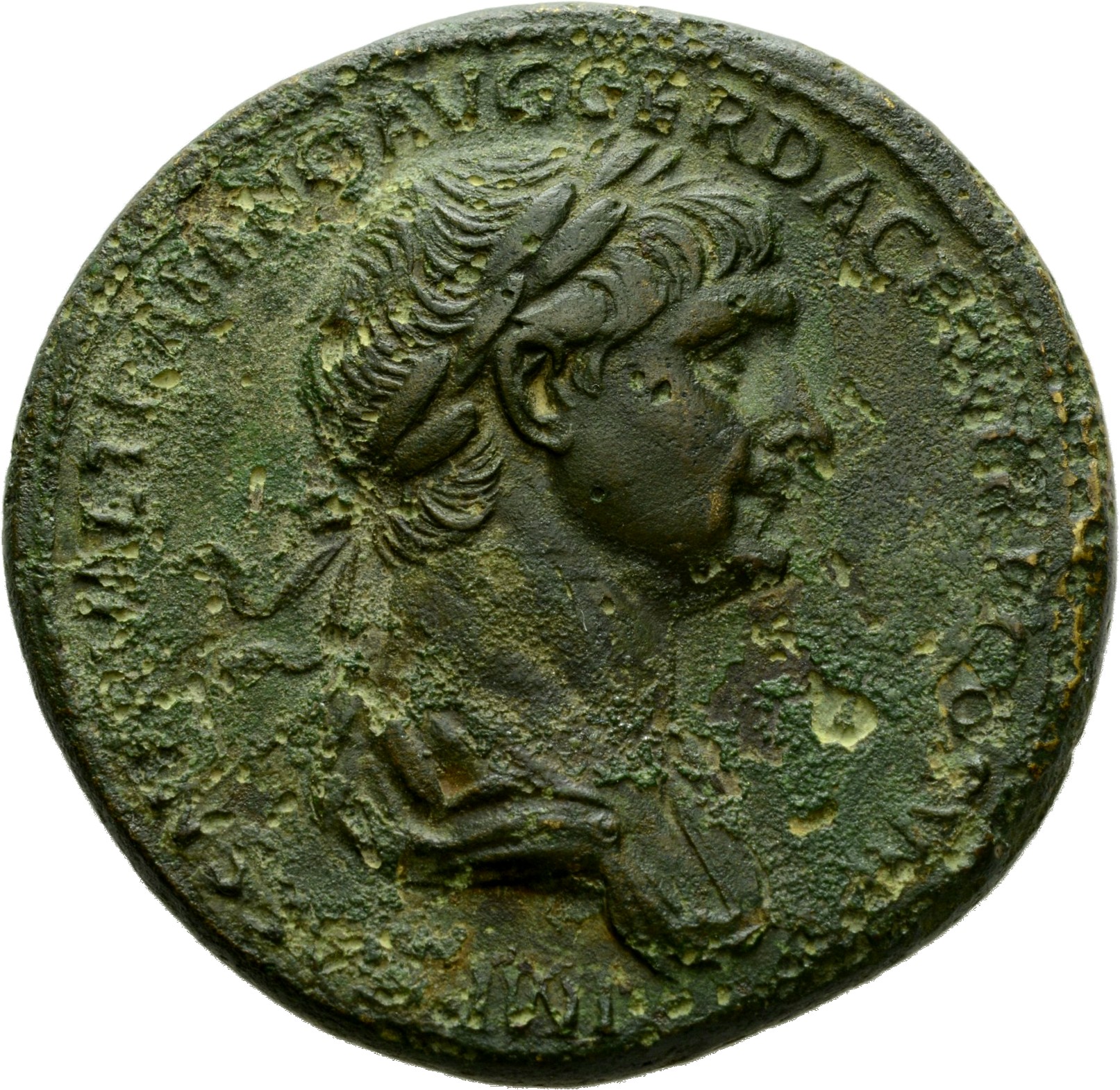 Trajan obverse — Bust of Trajan, laureate, draped, right