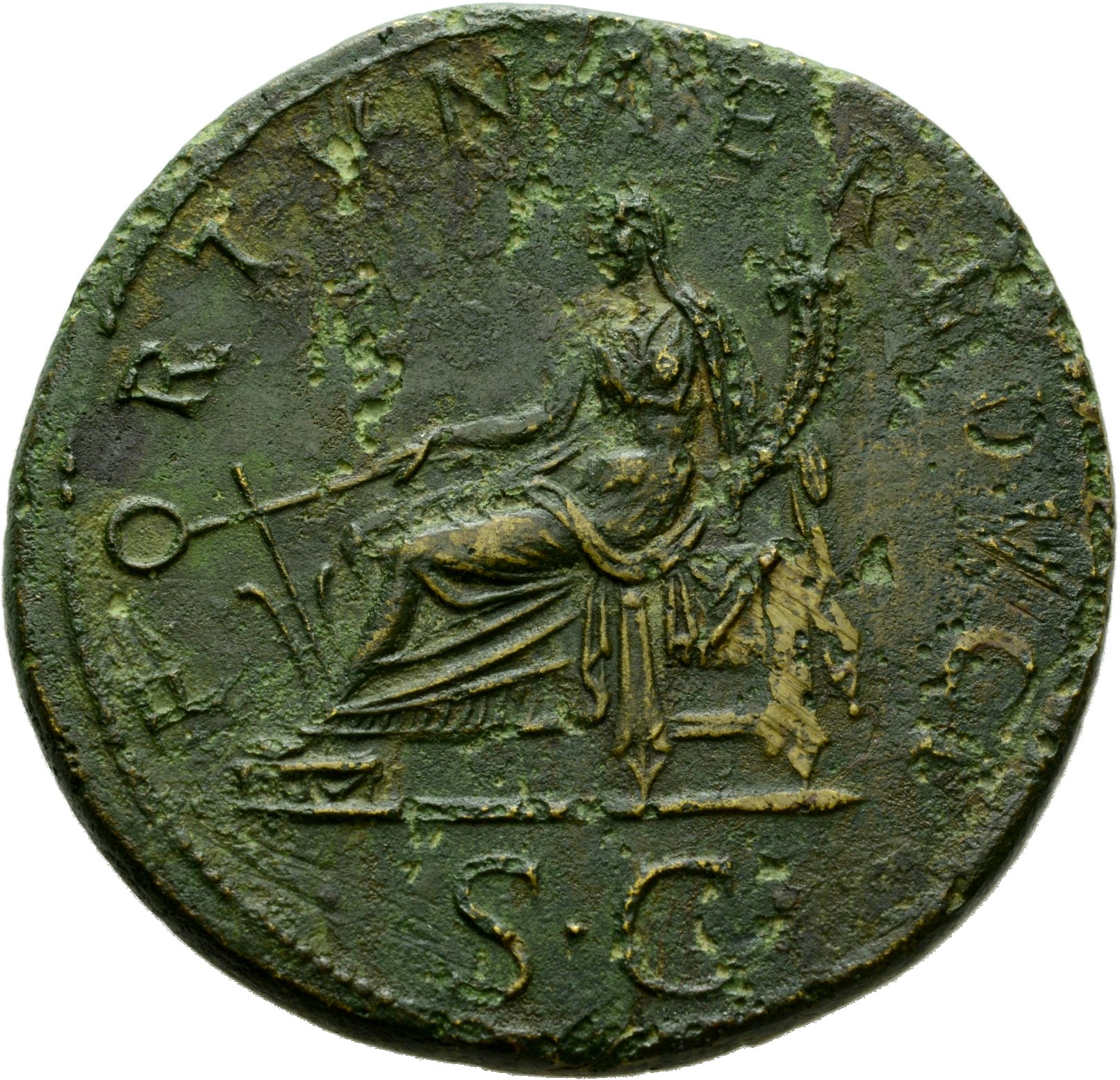 Trajan reverse — Fortuna seated left, holding rudder and cornucopiae