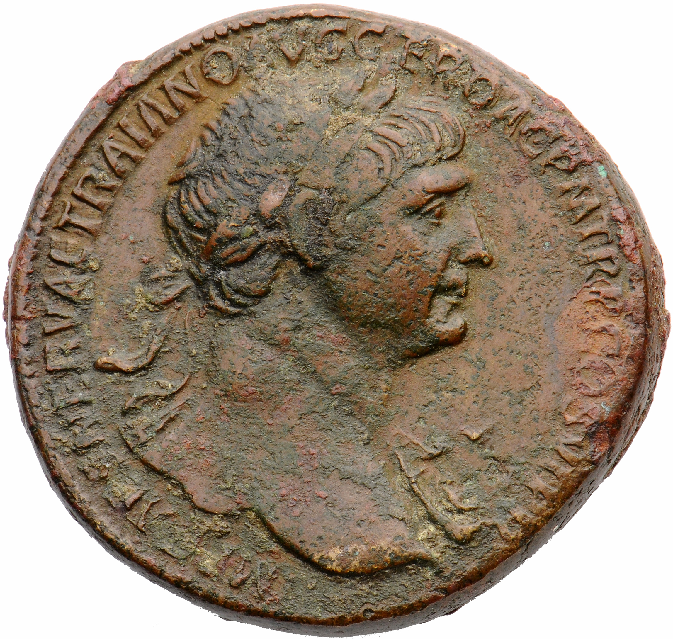 RIC II Trajan 628 (sestertius) Trajan obverse, Bust of Trajan, laureate, draped on left shoulder, right (sometimes with ae...