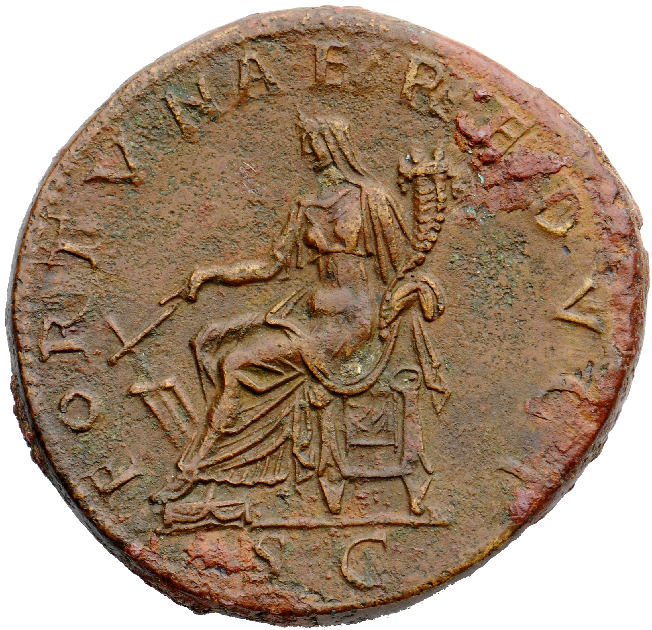 RIC II Trajan 628 (sestertius) Trajan reverse, Fortuna seated left, holding rudder and cornucopiae