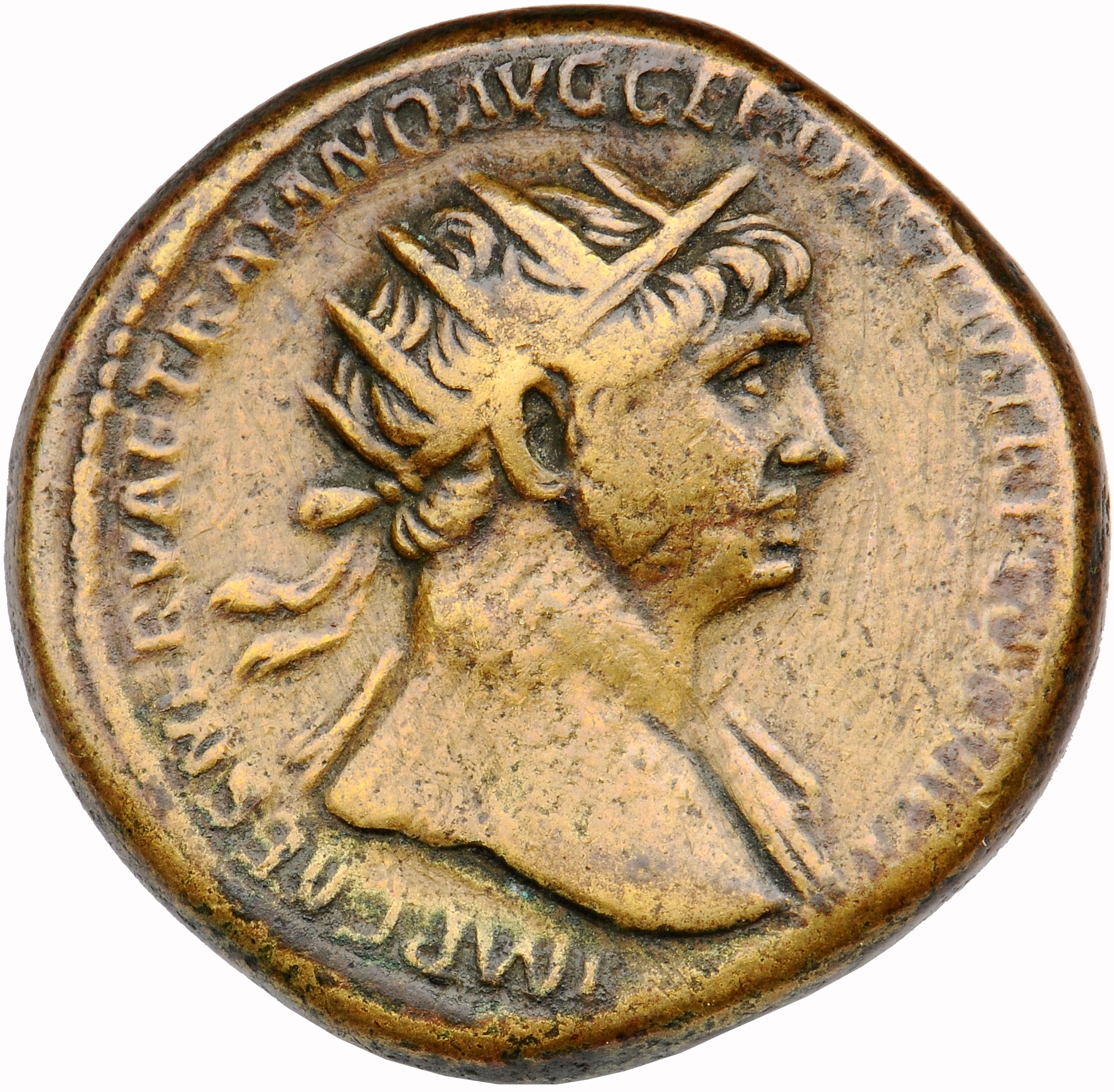RIC II Trajan 629 Trajan obverse, Head of Trajan, radiate, right
