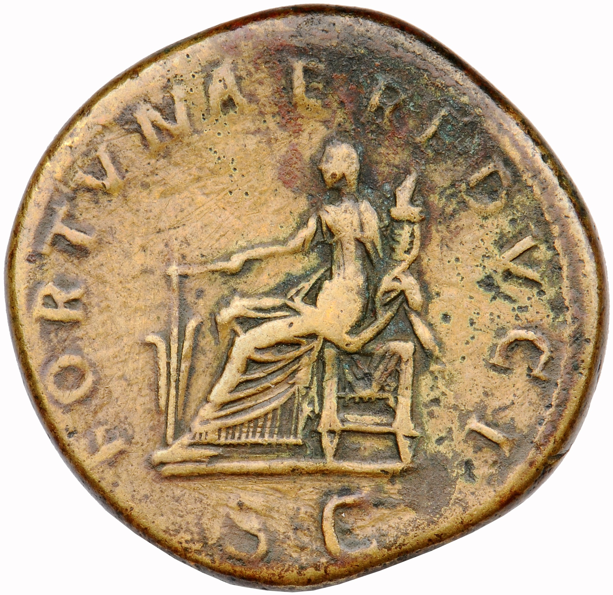 RIC II Trajan 629 Trajan reverse, Fortuna seated left, holding rudder and cornucopiae