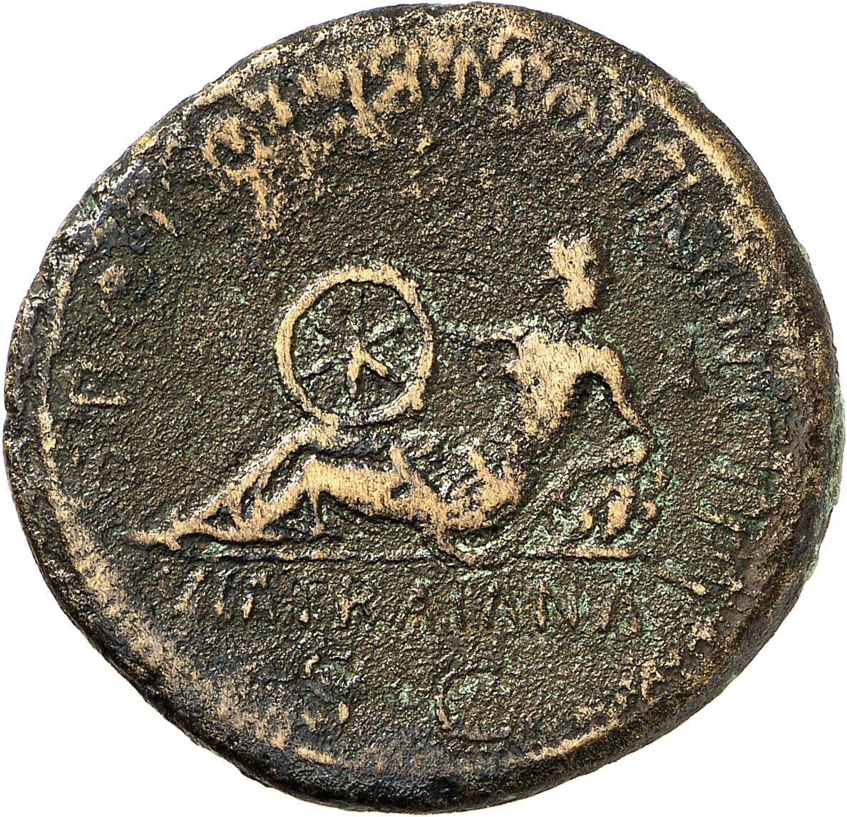 RIC II Trajan 637 Trajan reverse, Via Trajana, draped, reclining left, resting left elbow on rock, left hand on wheel bala...