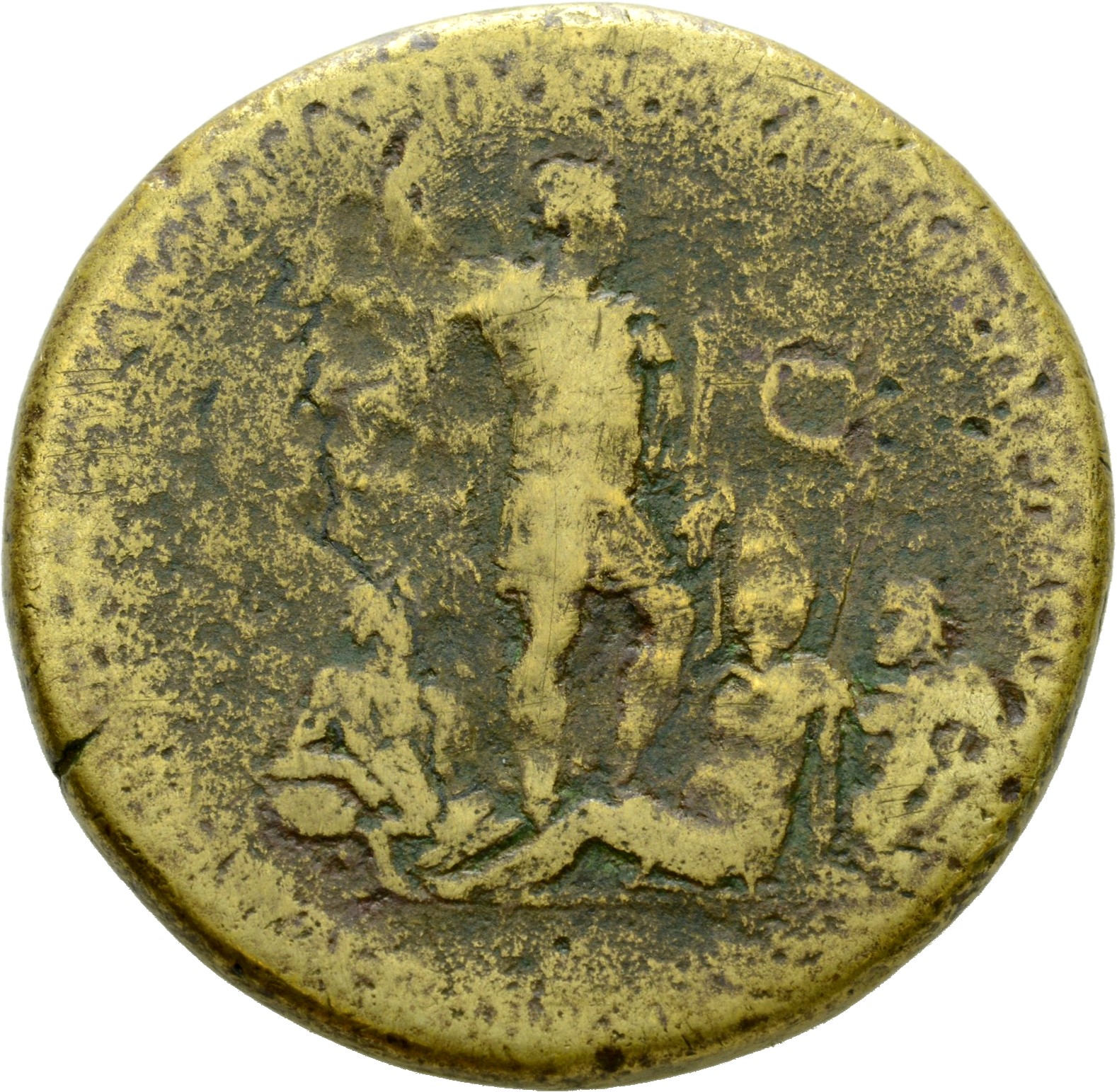 Trajan reverse — Trajan, laureate, in military dress, standing front, head right, holding spear and parazonium; on ground reclining figures of Armenia, Tigris and Euphrates