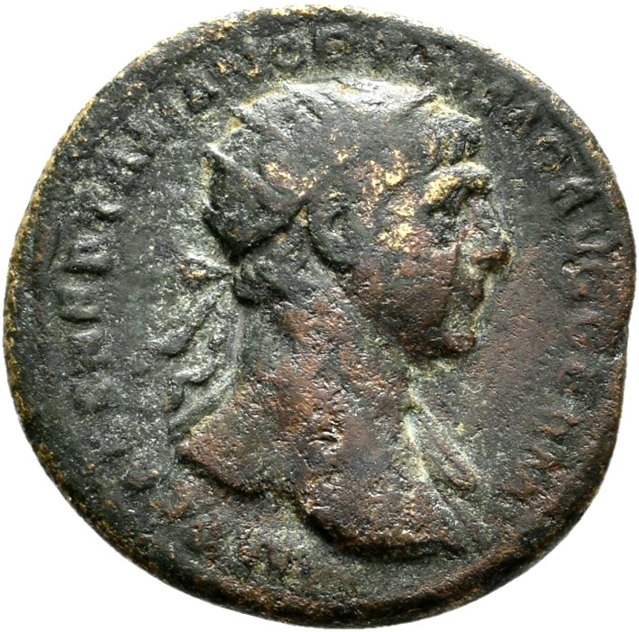 RIC II Trajan 645 Trajan obverse, Head of Trajan, radiate, right