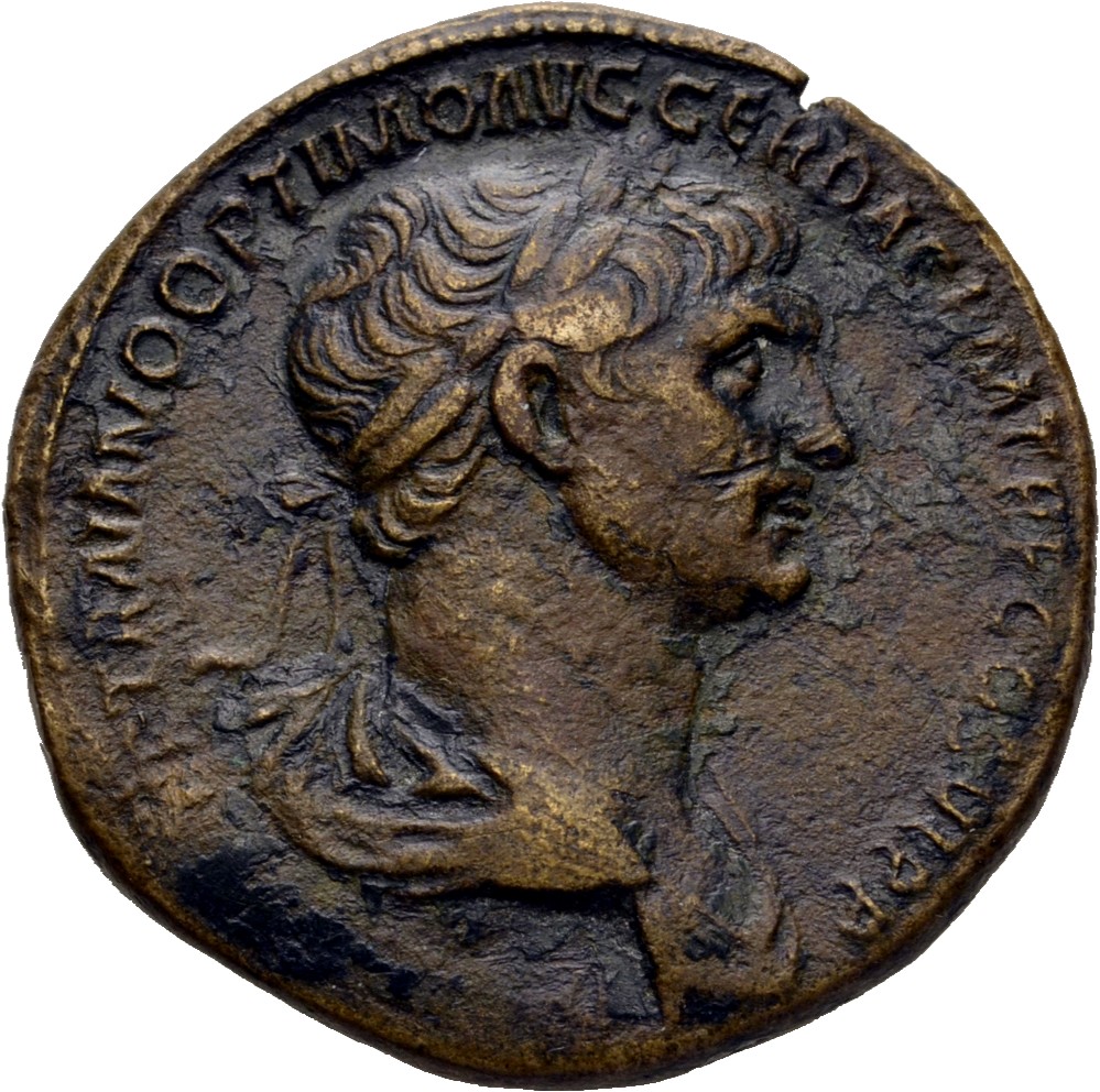 RIC II Trajan 651 Trajan obverse, Bust of Trajan, laureate, draped, right