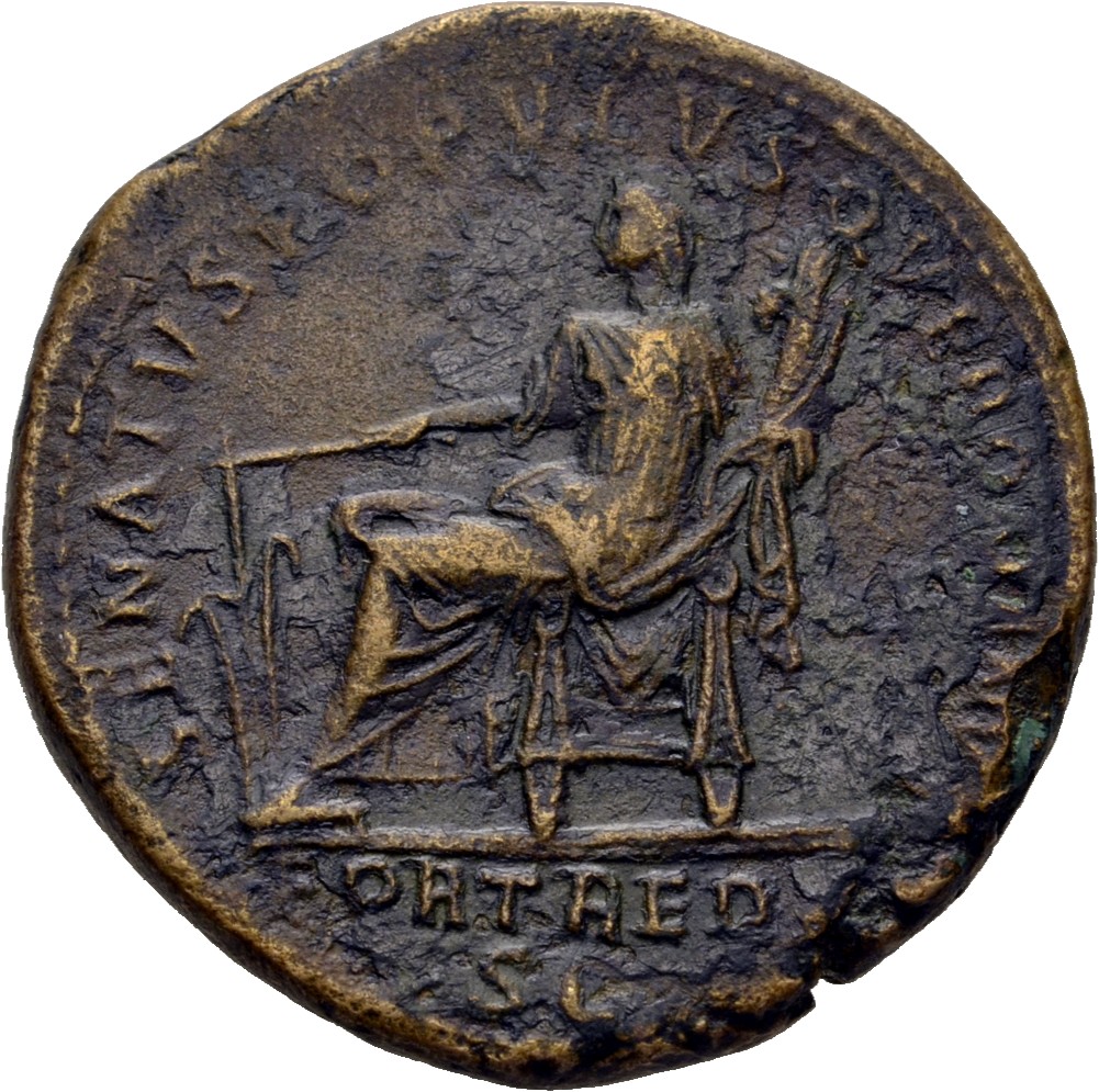 RIC II Trajan 651 Trajan reverse, Fortuna, draped, seated left on low chair, feet on stool, holding rudder set on ground i...