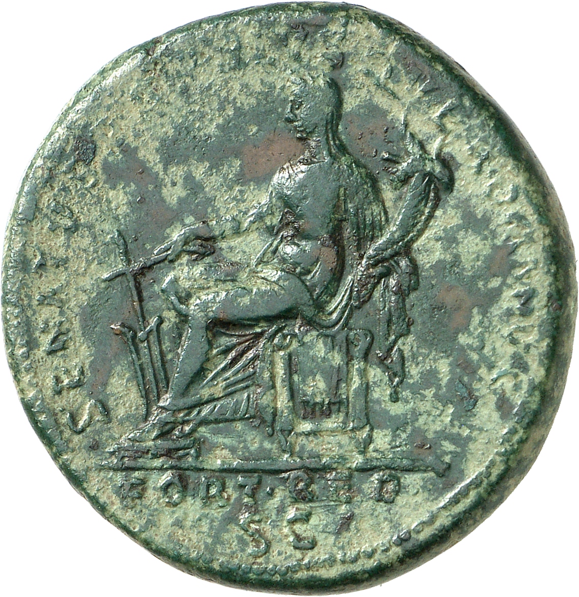 RIC II Trajan 652 (sestertius) Trajan reverse, Fortuna, draped, seated left on low chair, feet on stool, holding rudder se...