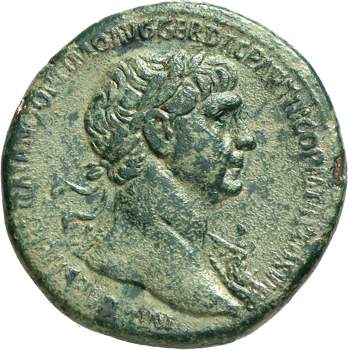 RIC II Trajan 652 (sestertius) Trajan obverse, Bust of Trajan, laureate, draped, right