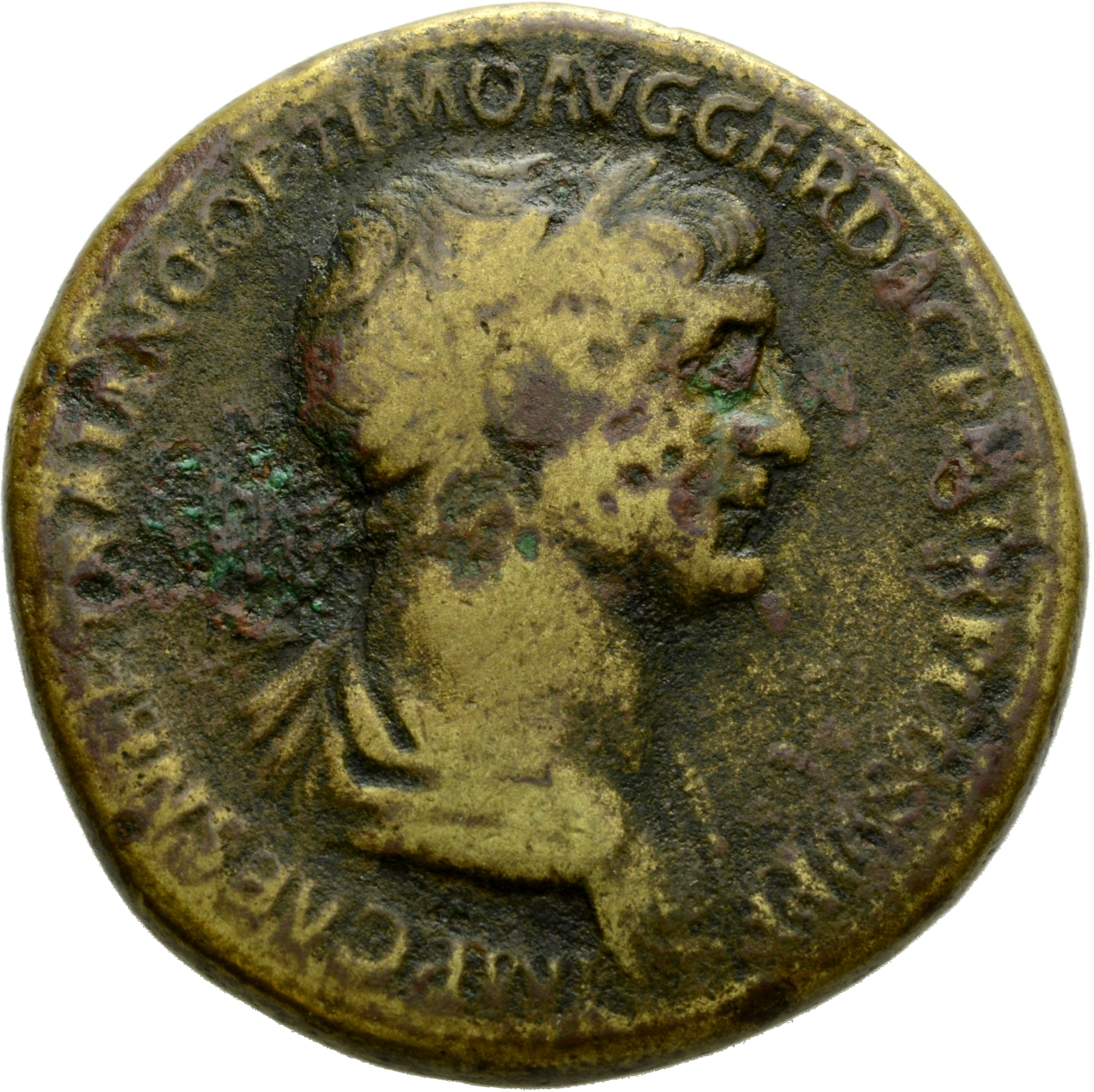 RIC II Trajan 658 Trajan obverse, Bust of Trajan, laureate, draped, right