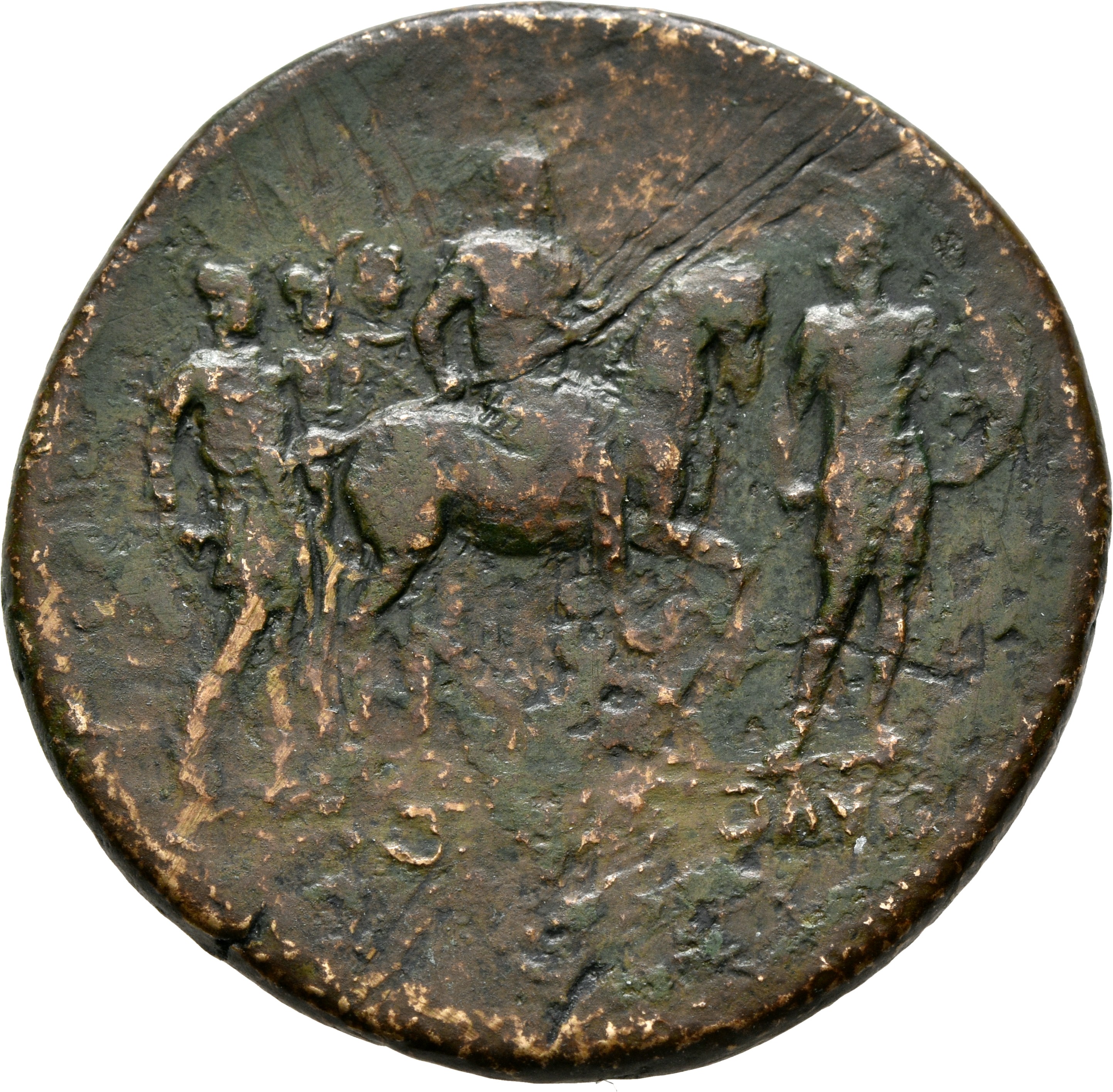 RIC II Trajan 662 Trajan reverse, Trajan riding right; soldier holding spear and shield front; three soldiers holding spea...