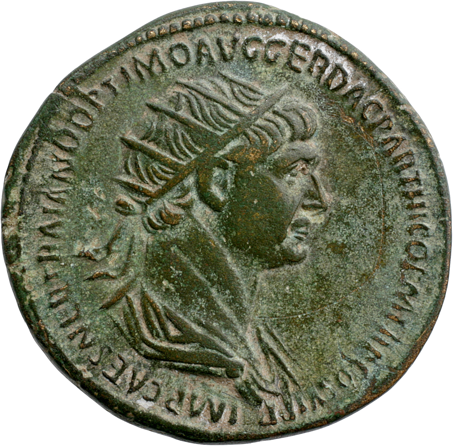 Trajan obverse — Bust of Trajan, radiate, draped, right