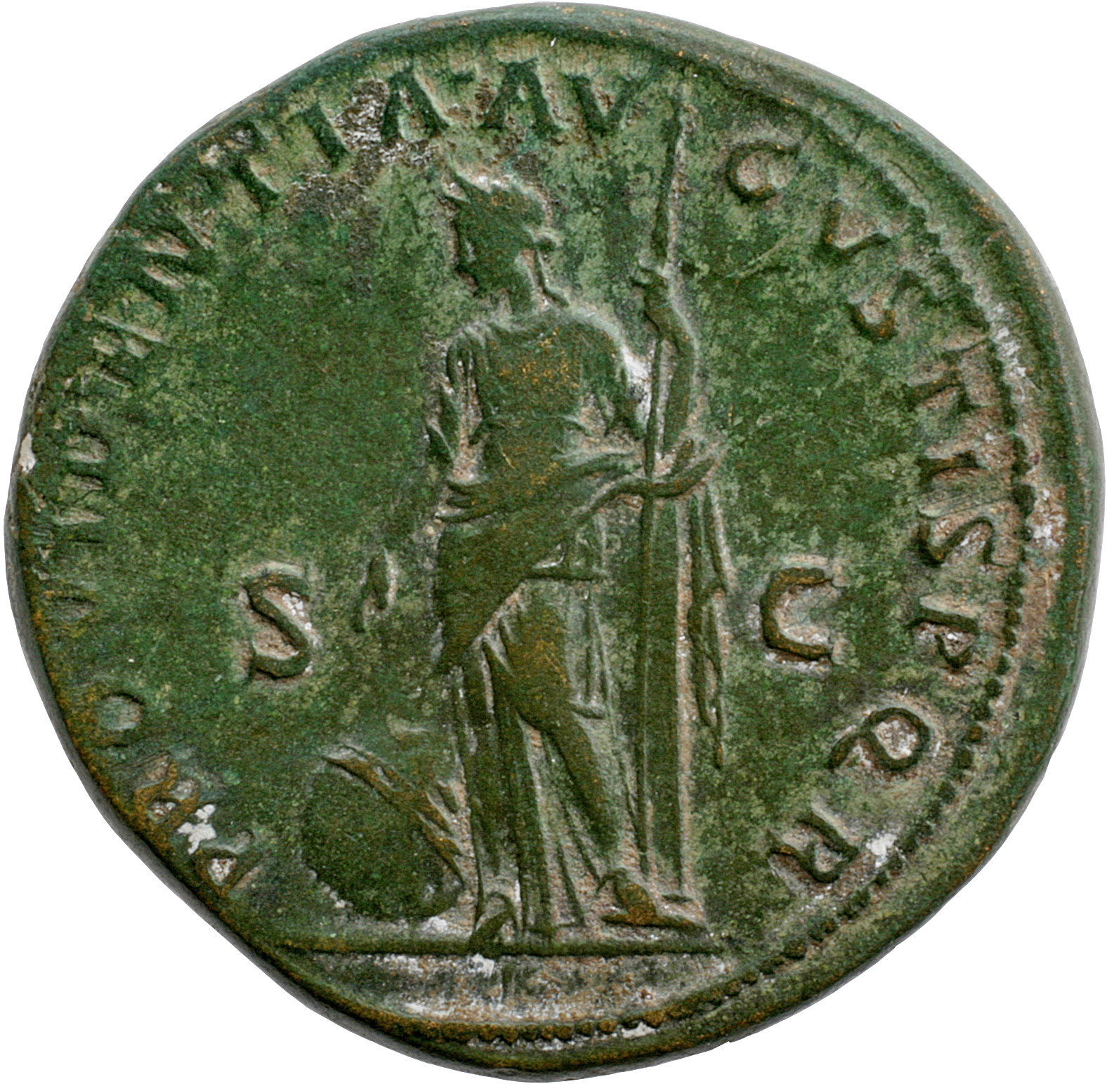Trajan reverse — Providentia, draped, standing left, pointing right hand at large globe lying left, resting left elbow on column, and holding vertical sceptre in left