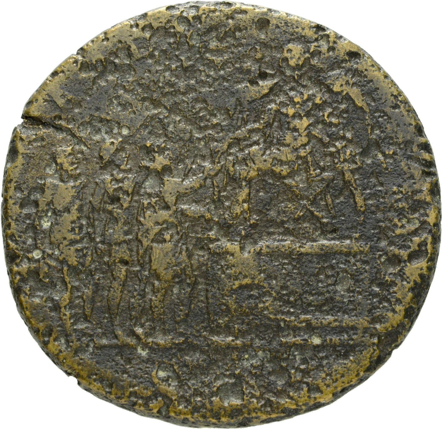 RIC II Trajan 666 Trajan reverse, Trajan, bare-headed, in military dress, seated left on platform on right with prefect an...