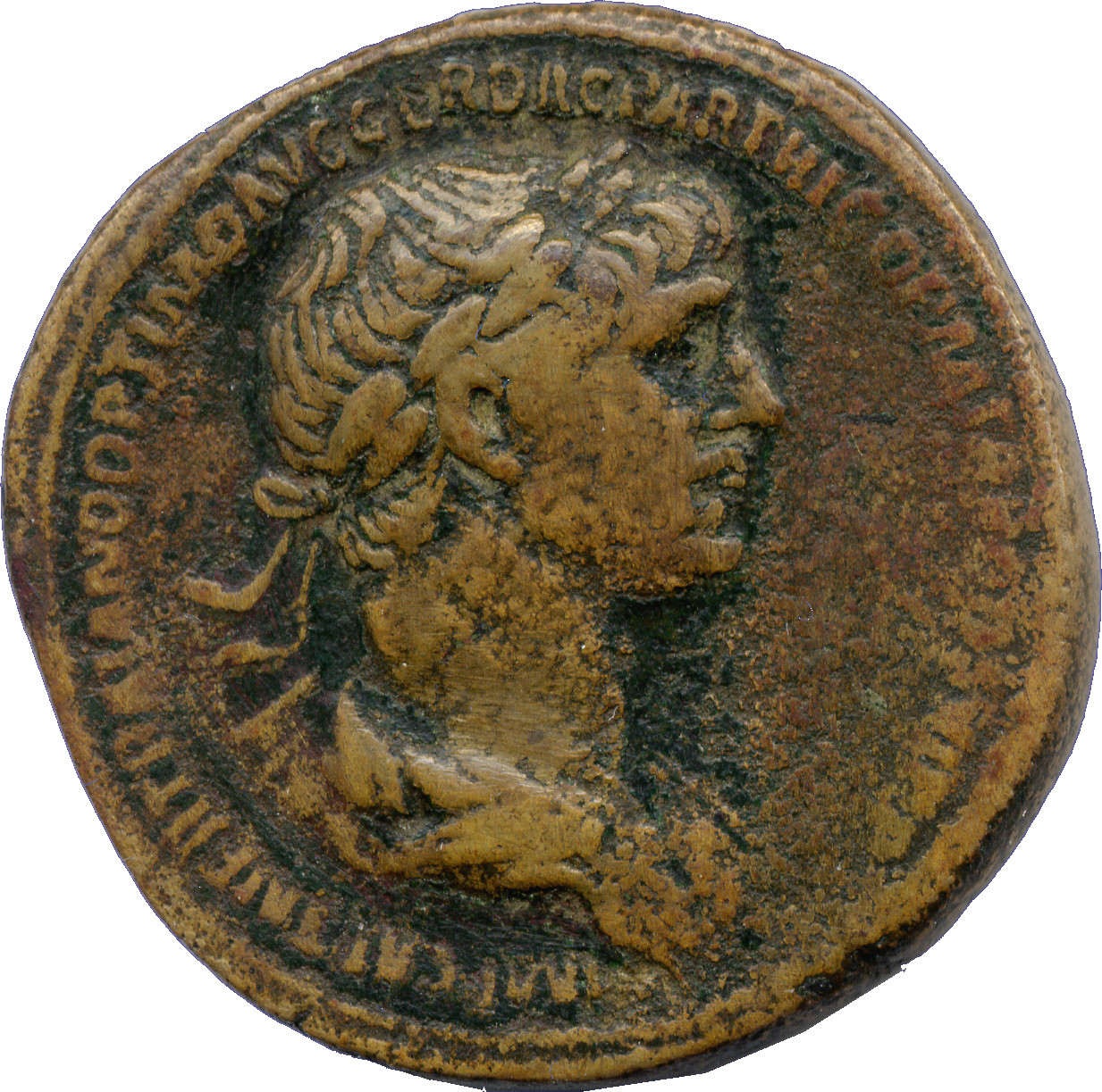 RIC II Trajan 666 Trajan obverse, Bust of Trajan, laureate, draped, right