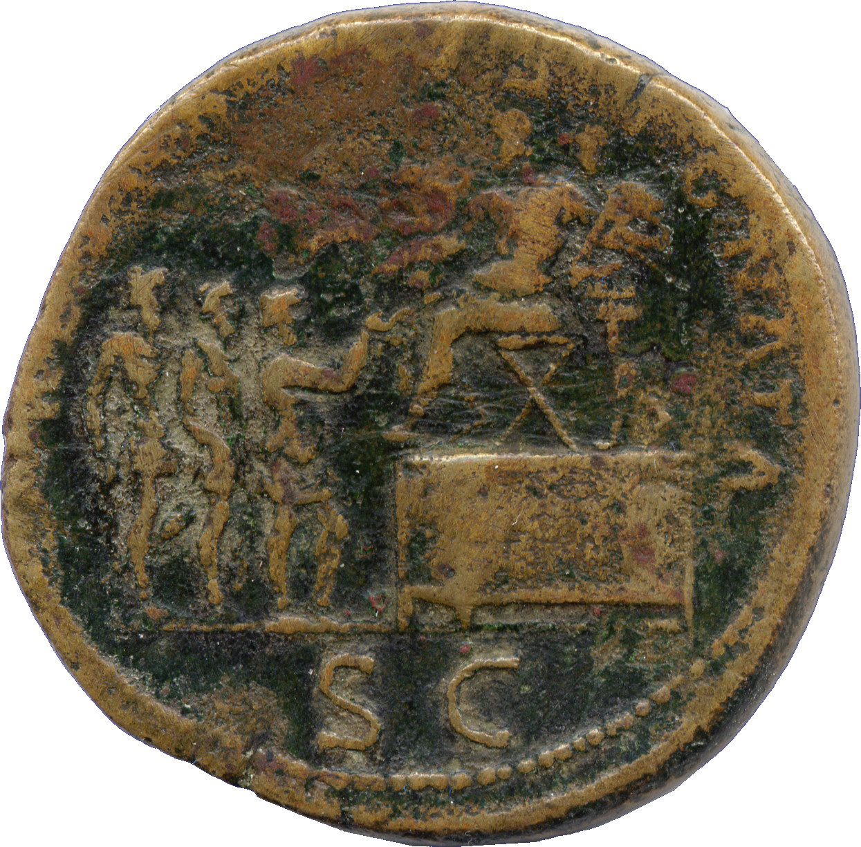 RIC II Trajan 666 Trajan reverse, Trajan, bare-headed, in military dress, seated left on platform on right with prefect an...