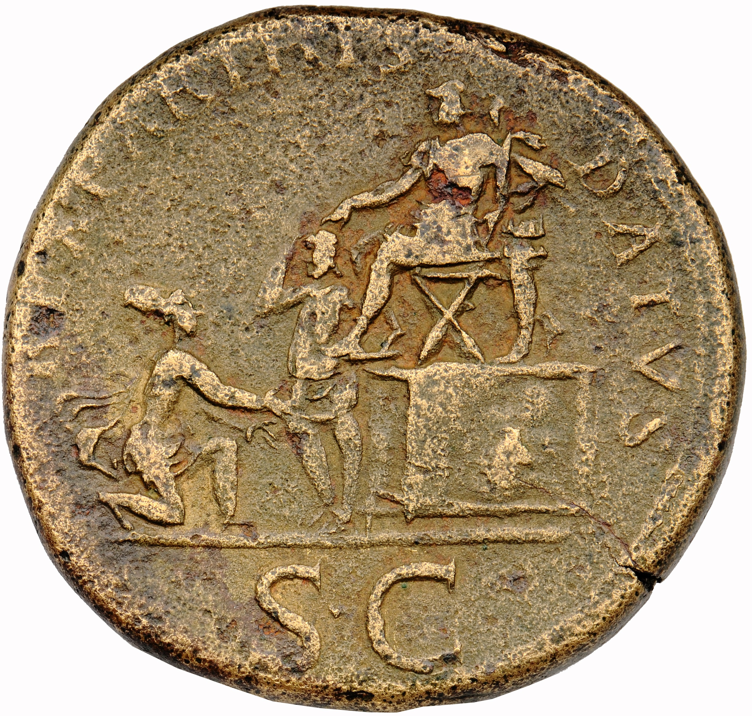 RIC II Trajan 667 Trajan reverse, Trajan, bare-headed, in military dress, seated left on platform on right with prefect, p...