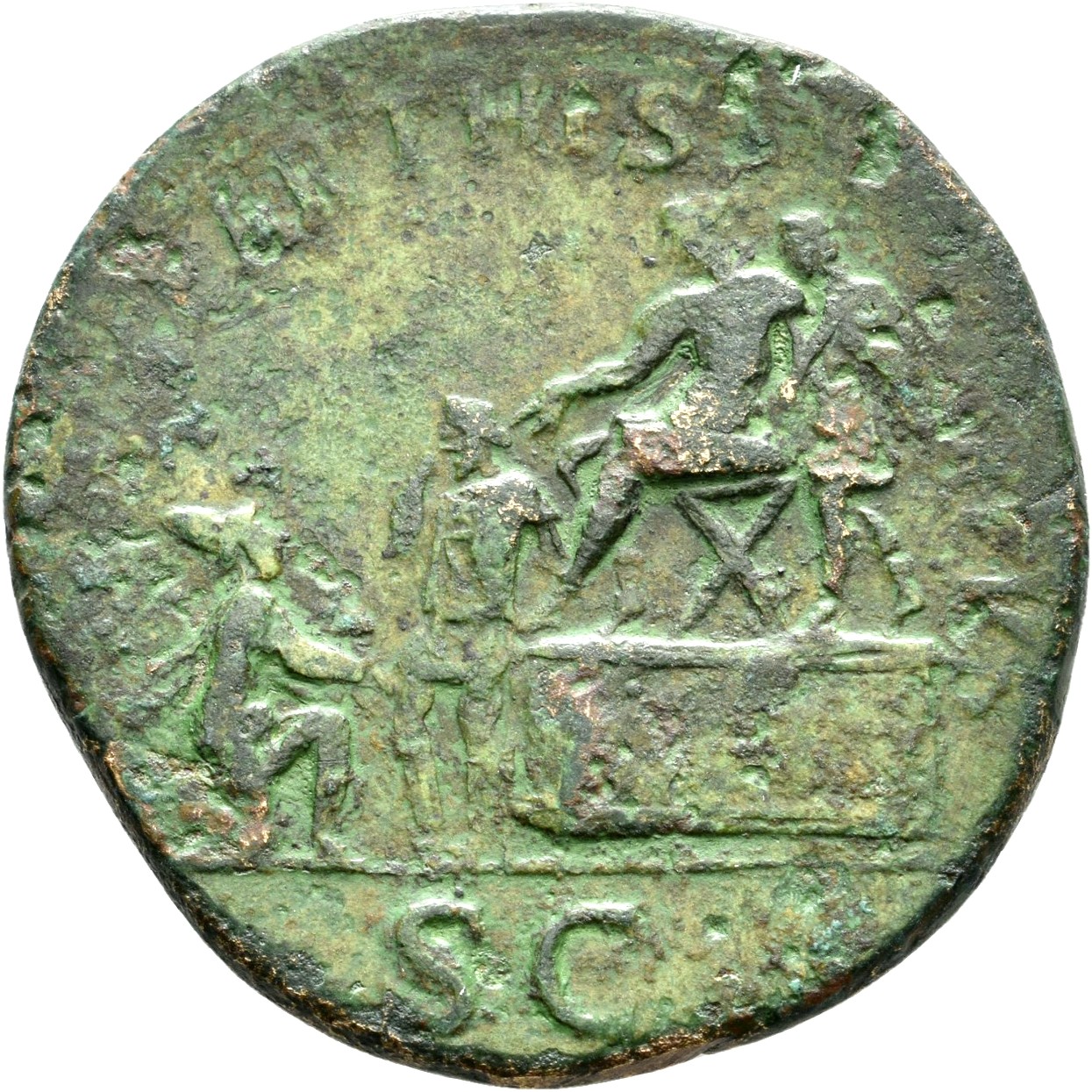 RIC II Trajan 667 Trajan reverse, Trajan, bare-headed, in military dress, seated left on platform on right with prefect, p...