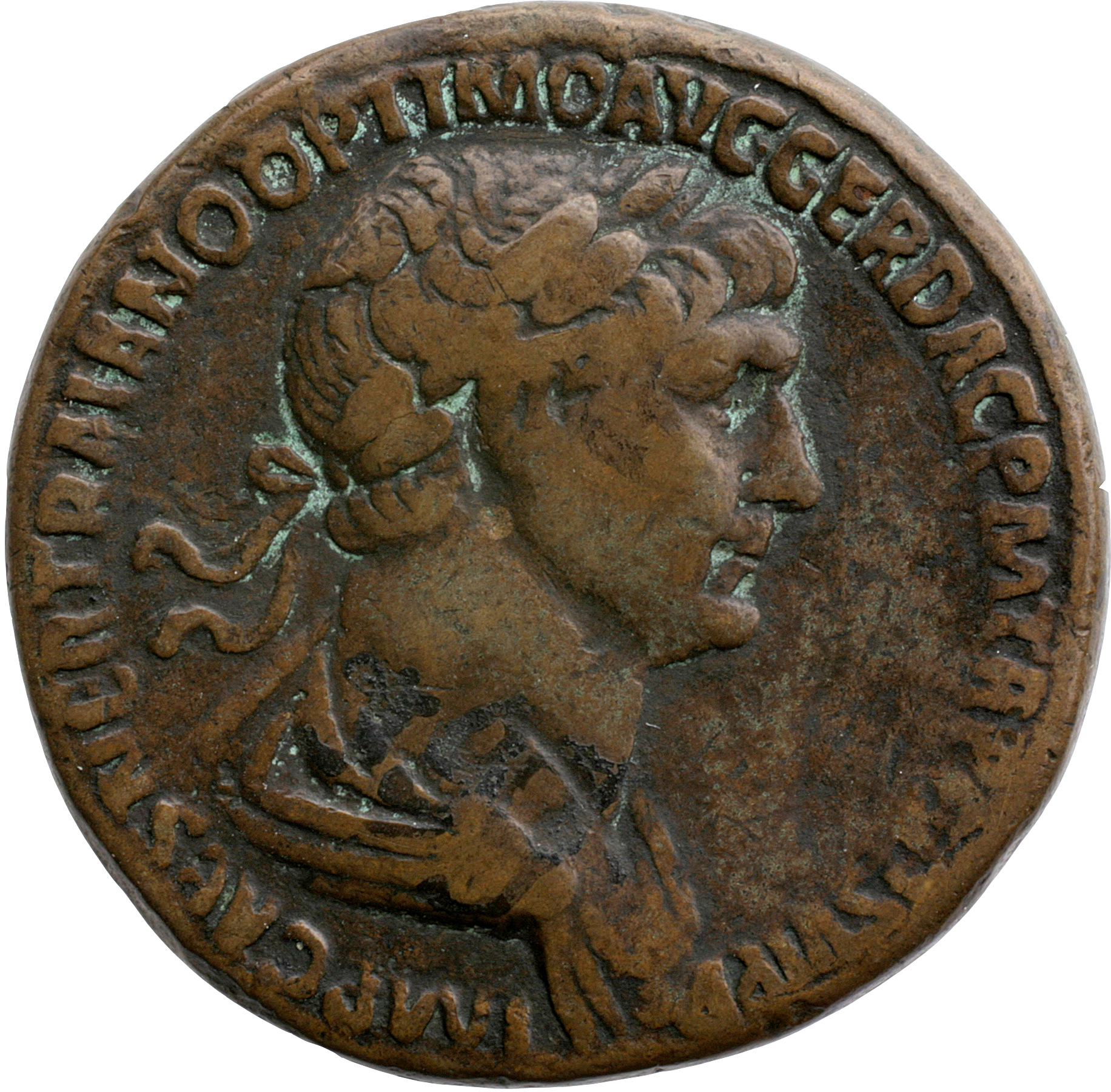 Trajan obverse — Bust of Trajan, laureate, draped, right