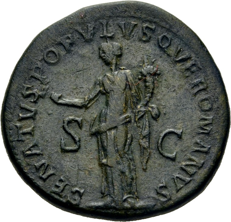 RIC II Trajan 674 (dupondius) Trajan reverse, Felicitas, draped, standing left, holding up caduceus in right hand and corn...