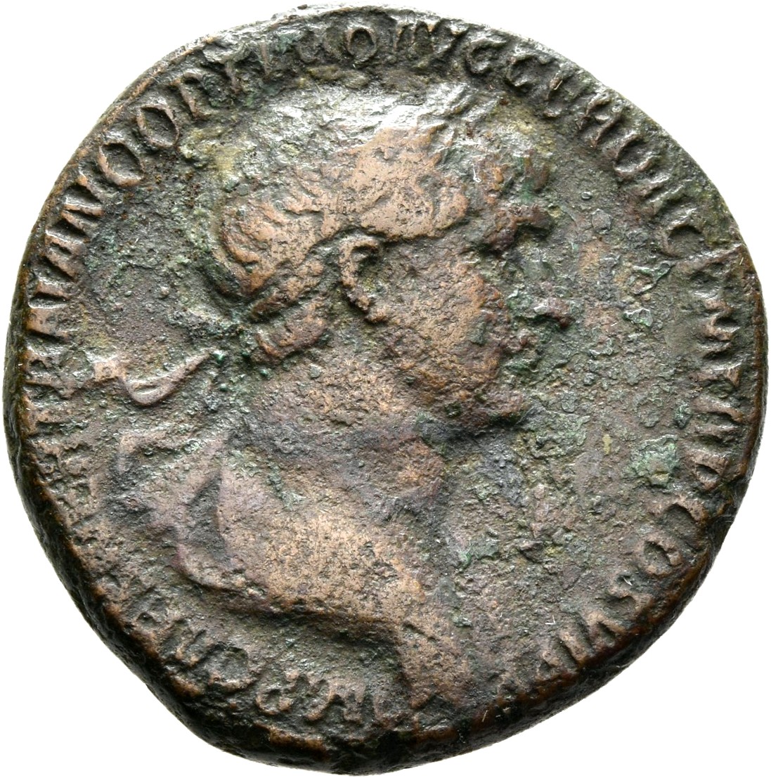 RIC II Trajan 675 (as) Trajan obverse, Bust of Trajan, laureate, draped, right