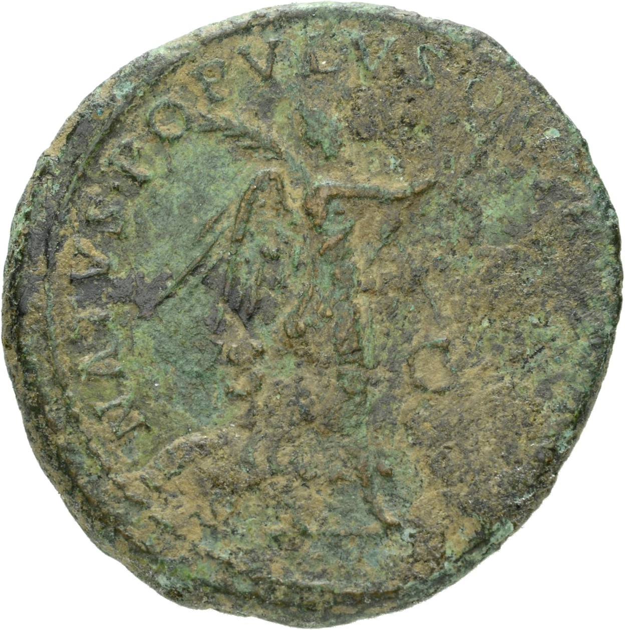 RIC II Trajan 675 (as) Trajan reverse, Victory, draped, advancing right, holding wreath in extended right hand and palm ov...