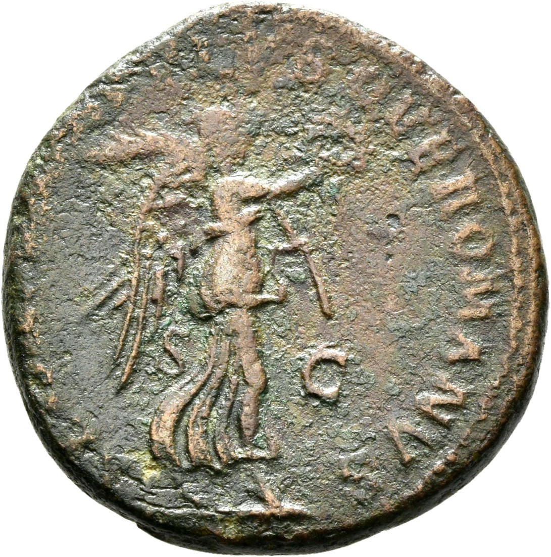 RIC II Trajan 675 (as) Trajan reverse, Victory, draped, advancing right, holding wreath in extended right hand and palm ov...