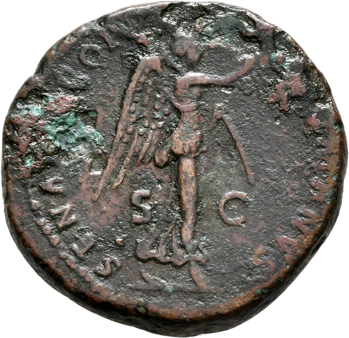 RIC II Trajan 675 (dupondius) Trajan reverse, Victory, draped, advancing right, holding wreath in extended right hand and ...