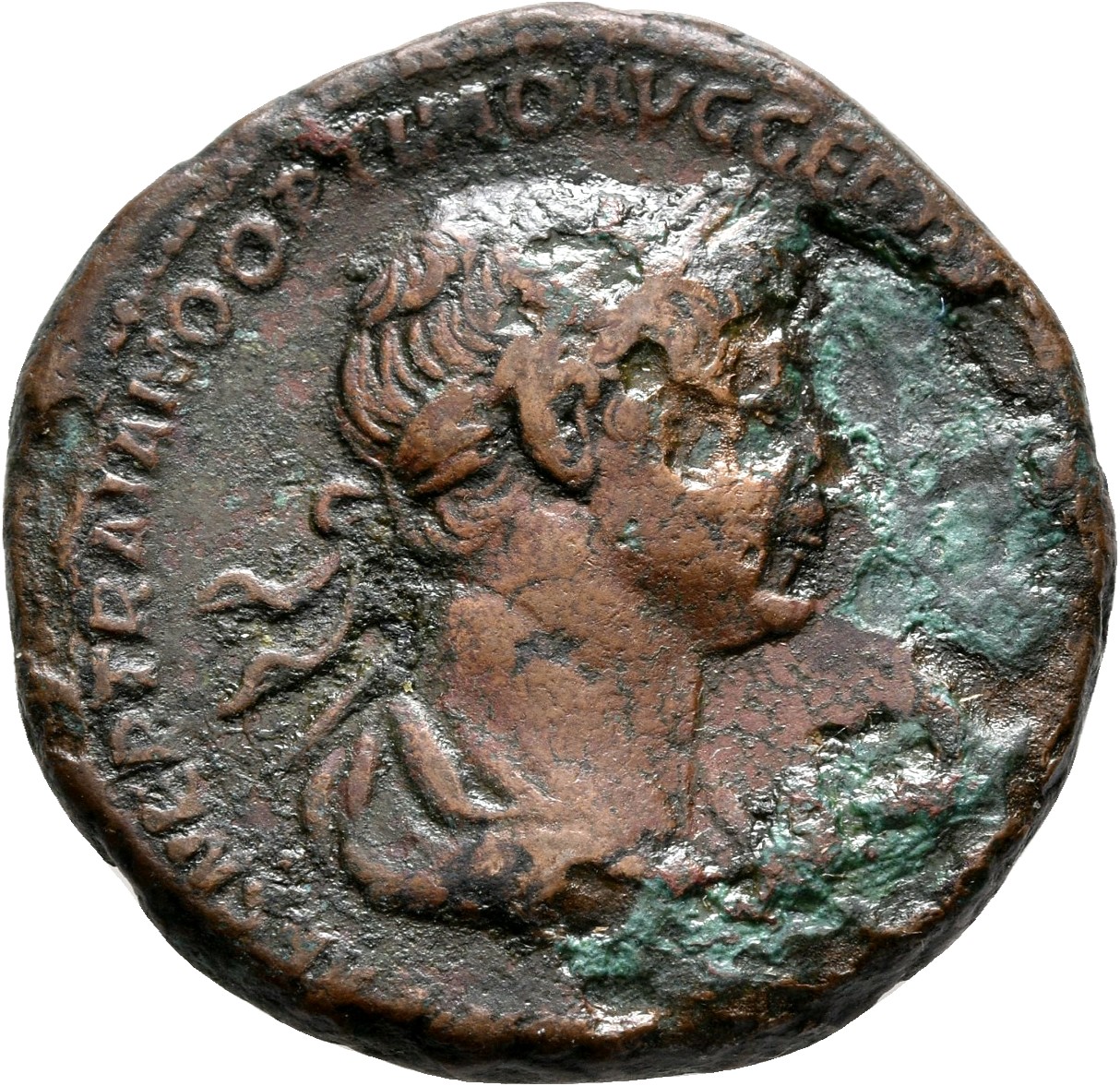 RIC II Trajan 675 (dupondius) Trajan obverse, Bust of Trajan, laureate, draped, right
