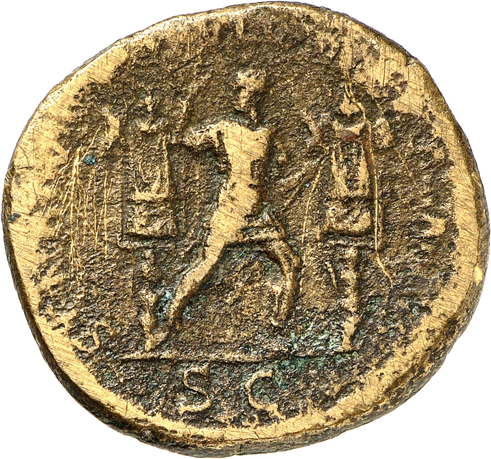 RIC II Trajan 676 Trajan reverse, Trajan, in military dress, standing front, head left, striding between two trophies, lef...