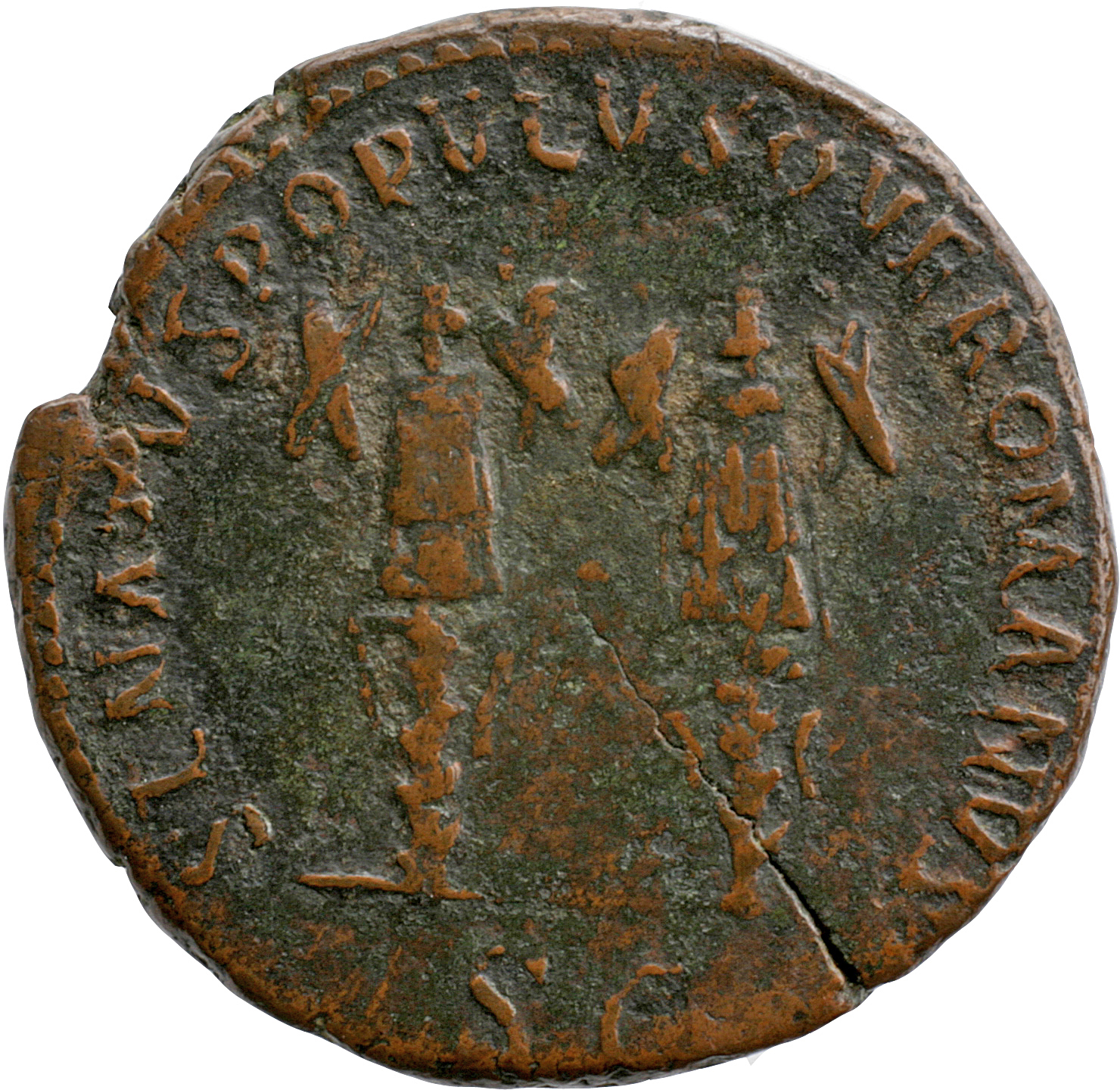 Trajan reverse — Two trophies, each consisting of a cuirass and two oblong shields and a spear