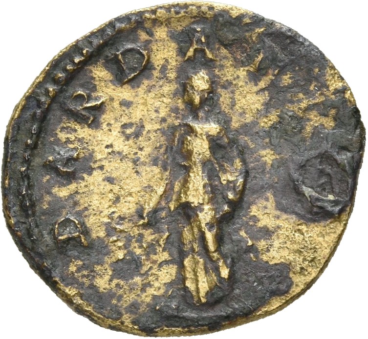 RIC II Trajan 703 Trajan reverse, Woman (Pax?), draped, standing left, holding branch (corn-ears?) downwards in right hand...