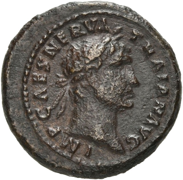 RIC II Trajan 704 Trajan obverse, Head of Trajan, laureate, right