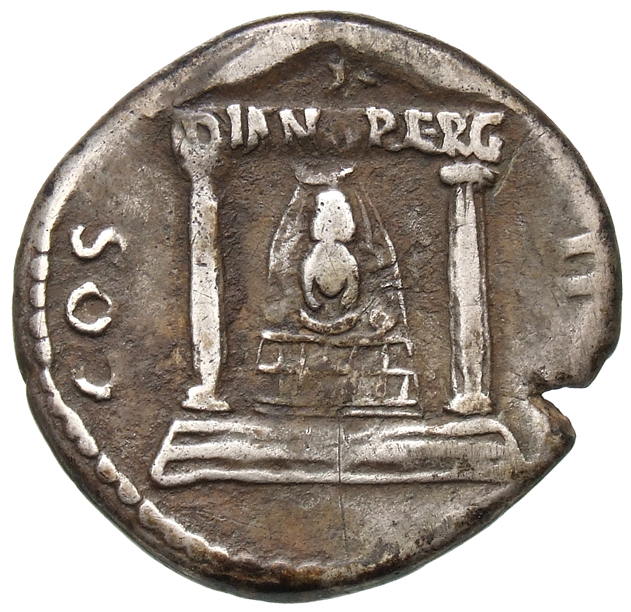 RIC II Trajan 720 Trajan reverse, Statue of Diana of Perge in distyle temple on podium of three steps; frieze inscribed DI...