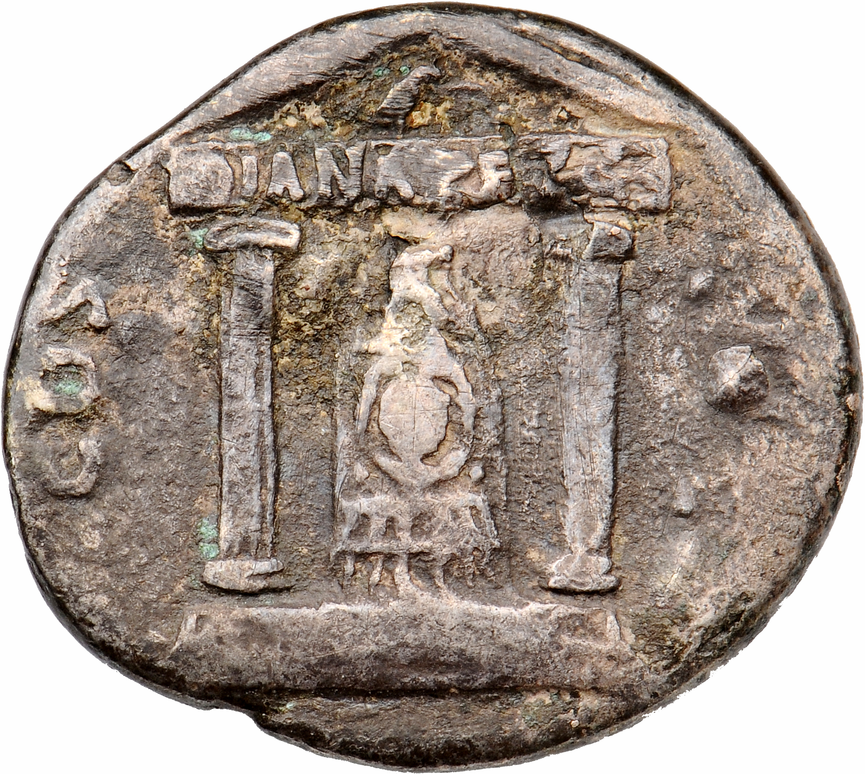 RIC II Trajan 721 Trajan reverse, Statue of Diana of Perge in distyle temple on podium of three steps; frieze inscribed DI...