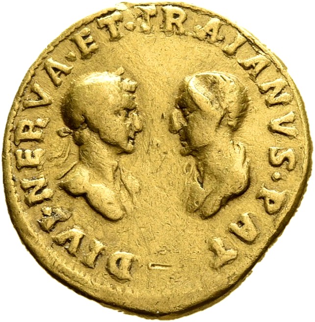 RIC II Trajan 726 Trajan reverse, Bust of Nerva, laureate, draped, right, on left facing bust of Trajan Senior, bare-heade...