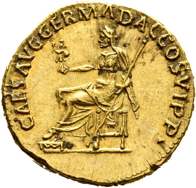 RIC II Trajan 730 (aureus) Trajan reverse, Vesta seated left on curule chair, holding palladium and short sceptre