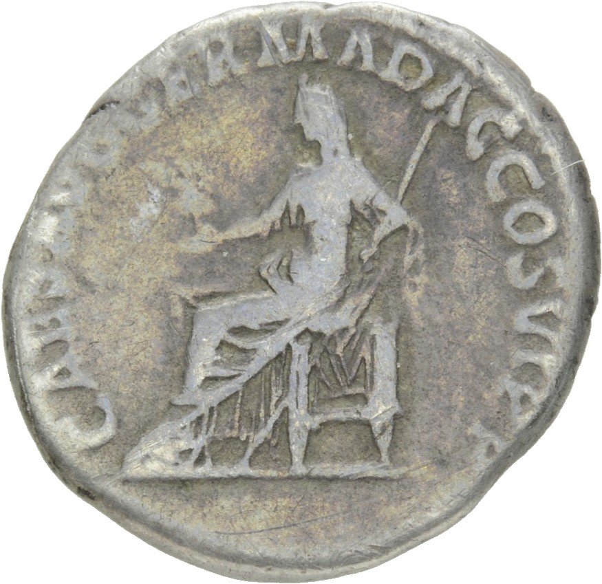 RIC II Trajan 730 (denarius) Trajan reverse, Vesta seated left on curule chair, holding palladium and short sceptre