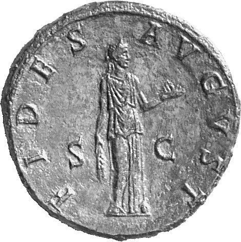 RIC II Trajan 740 Trajan reverse, Fides standing right, holding two corn-ears and basket of fruit