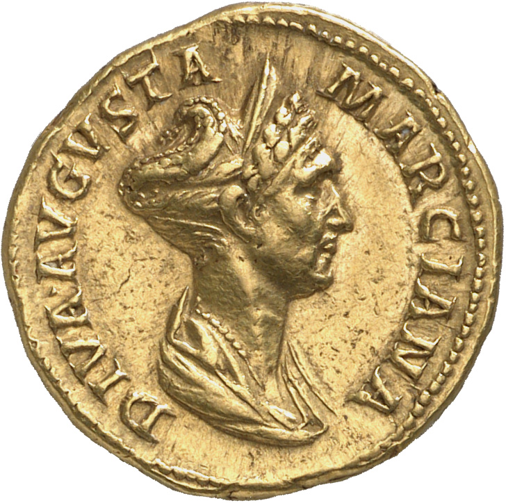 RIC II Trajan 743 (aureus) Trajan obverse, Bust of Marciana, draped, right; hair coiled on top of head behind cresent-shap...