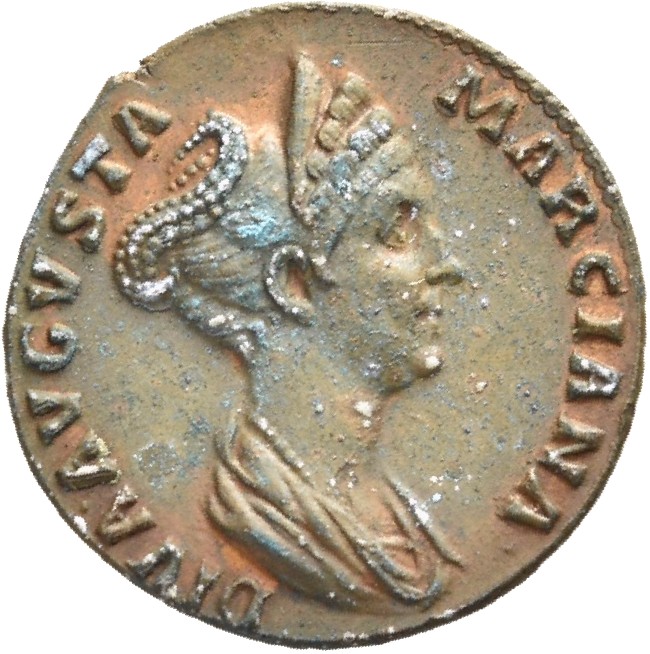 RIC II Trajan 743 (denarius) Trajan obverse, Bust of Marciana, draped, right; hair coiled on top of head behind cresent-sh...