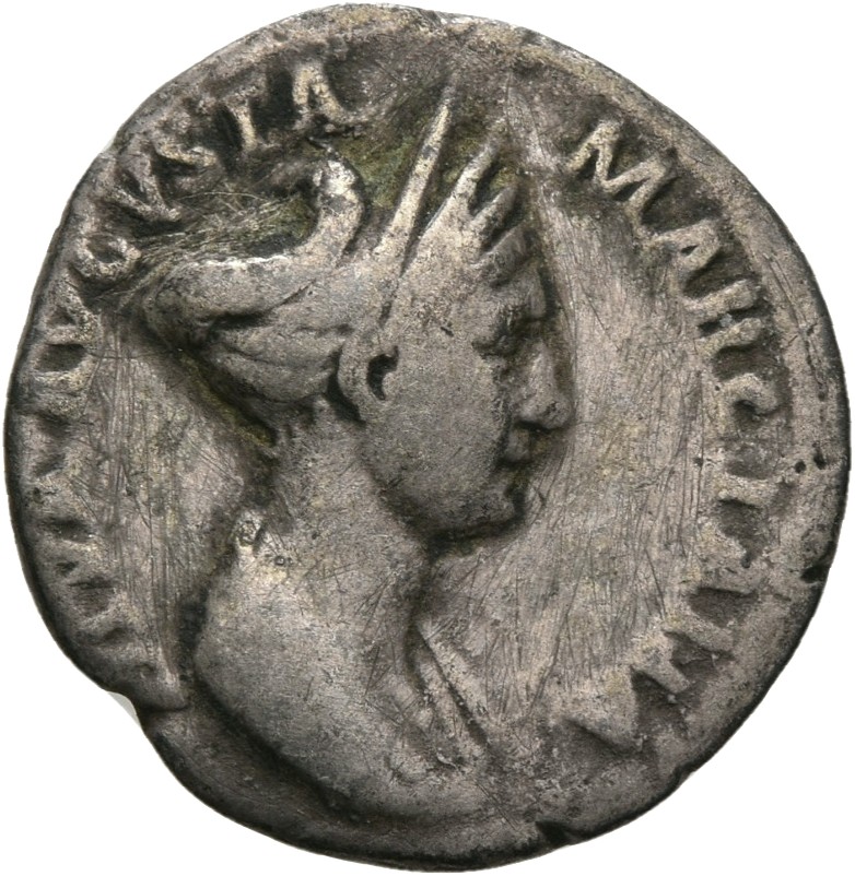 RIC II Trajan 747 Trajan obverse, Bust of Marciana, draped, right; hair coiled on top of head behind cresent-shaped diadem