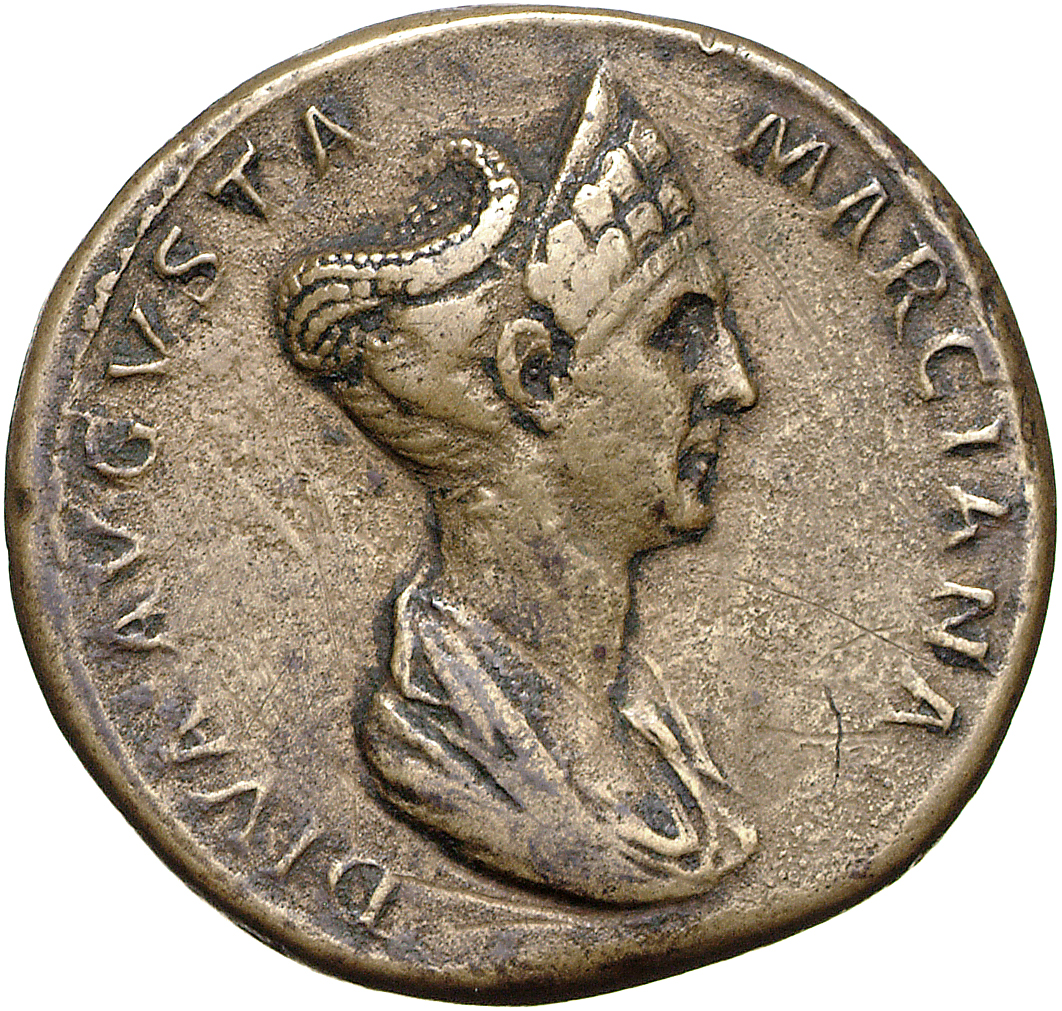 Trajan obverse — Bust of Marciana, draped, right; hair coiled on top of head behind cresent-shaped diadem