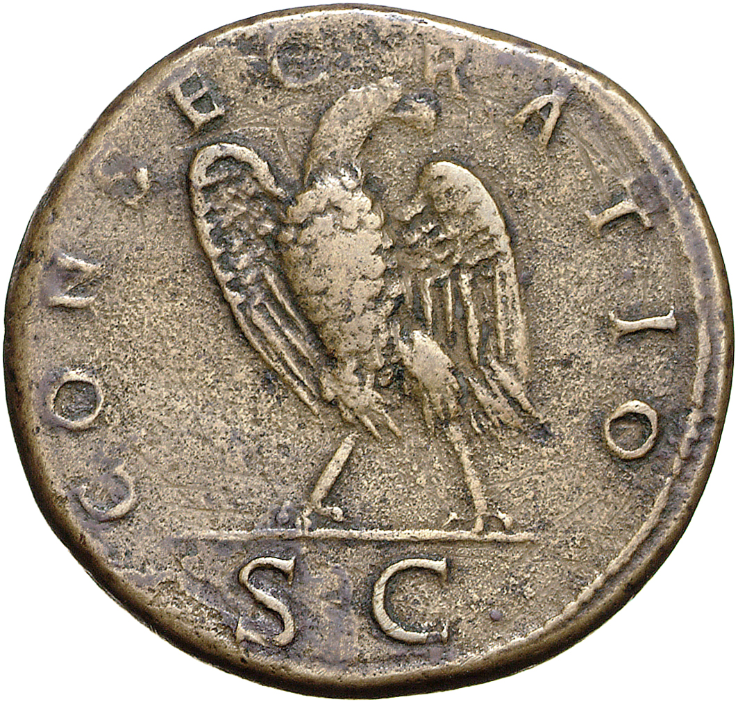 Trajan reverse — Eagle walking left on sceptre, head right, wings open