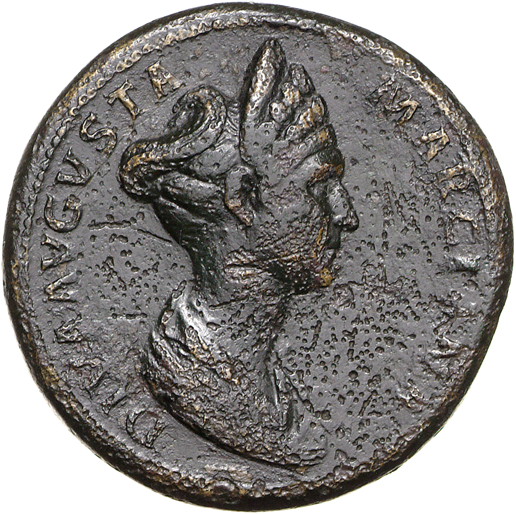 RIC II Trajan 750 Trajan obverse, Bust of Marciana, draped, right; hair coiled on top of head behind cresent-shaped diadem